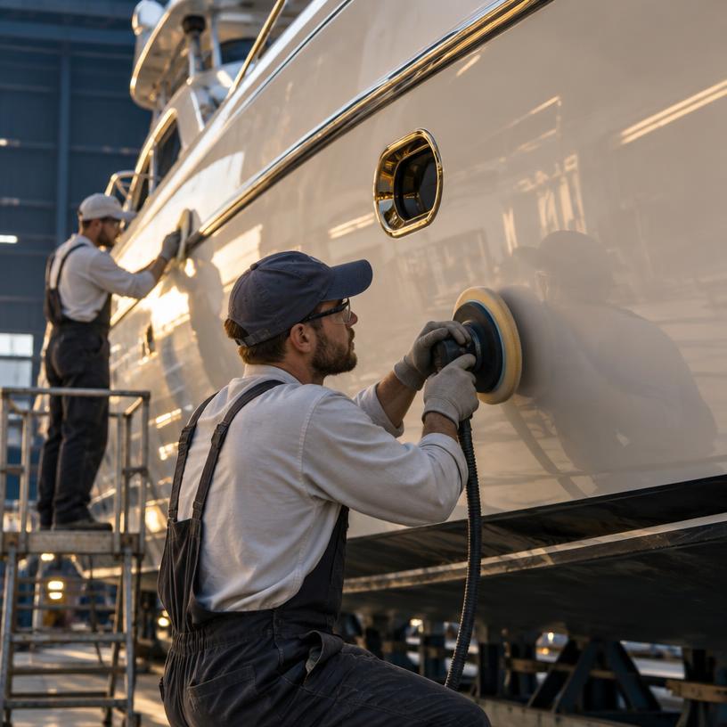 Craftspeople finishing a custom yacht hull